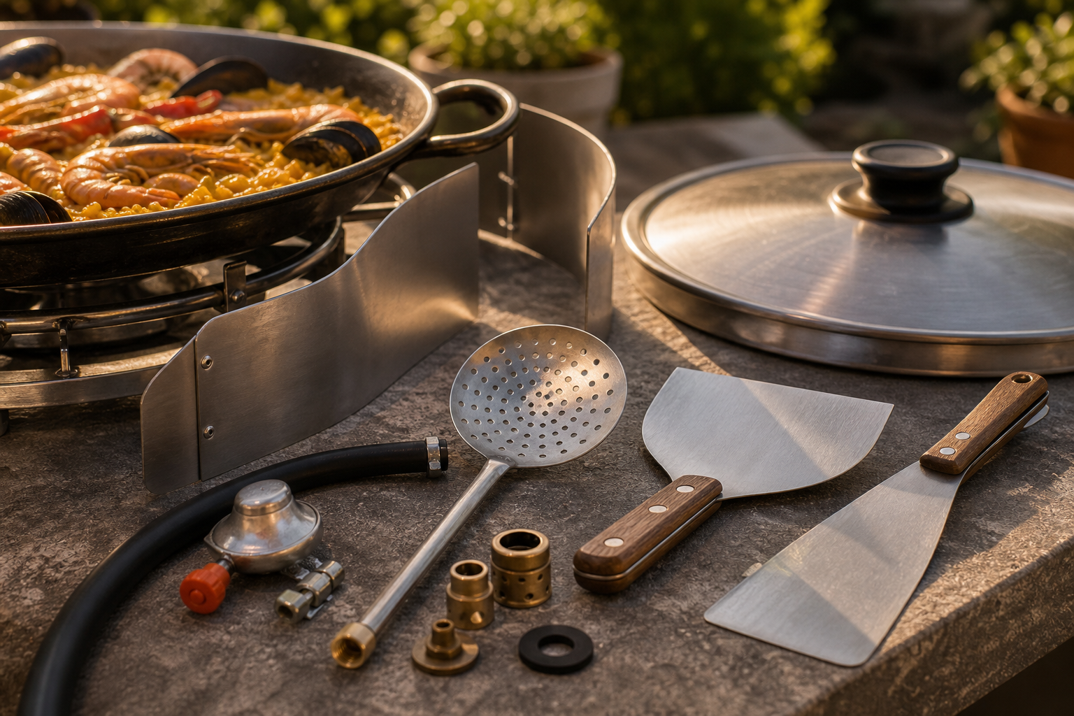 Miniature de couvercle, écumoire, spatule et accessoires paella