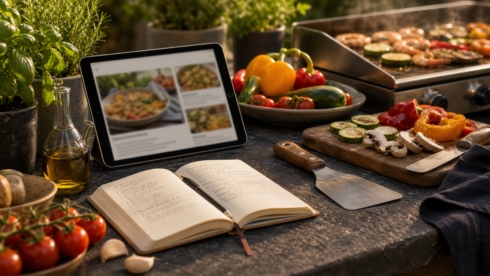 Miniature de carnet de recettes, légumes frais et inspiration culinaire