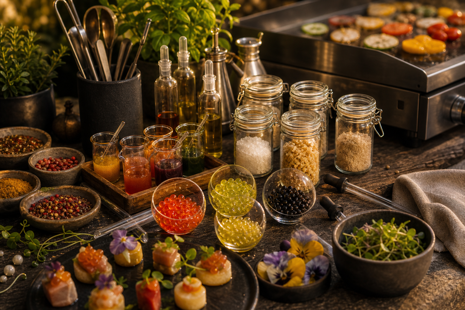 Miniature d'épices, sauces et ingrédients de cuisine moléculaire