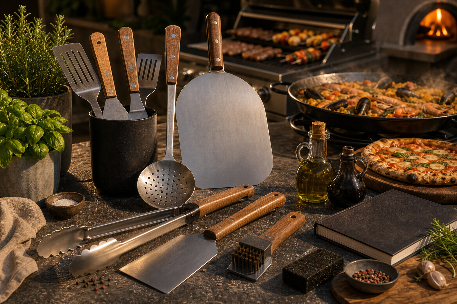 Miniature de spatules inox, pelle à pizza et accessoires plancha