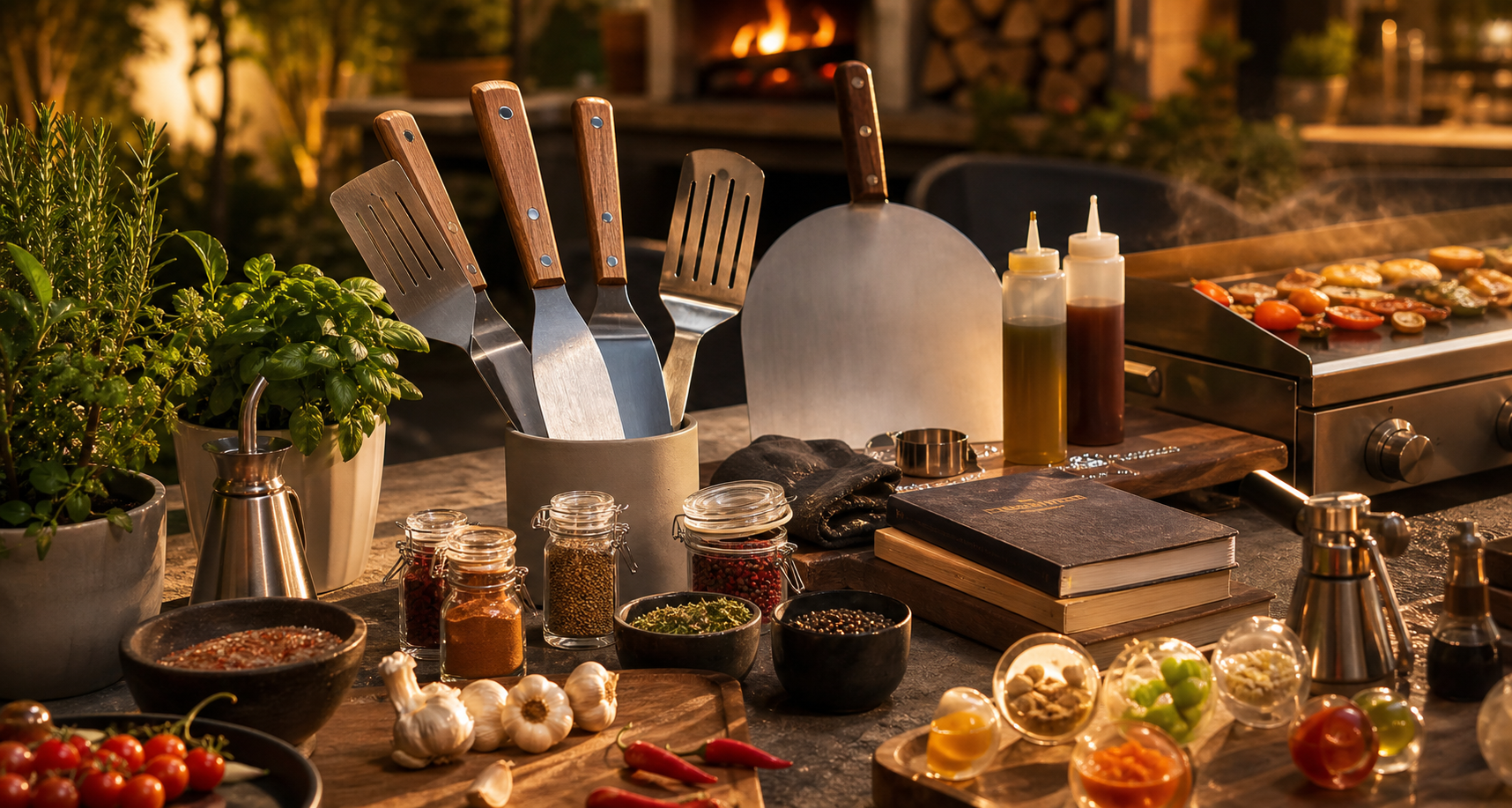 Ustensiles inox, épices, sauces et accessoires de chef pour plancha